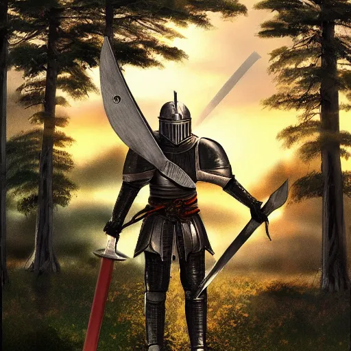 Prompt: knight wielding a great sword wearing plate armour, sunset, clouds, artstation, medieval, forest, award winning, ultra realistic, realism