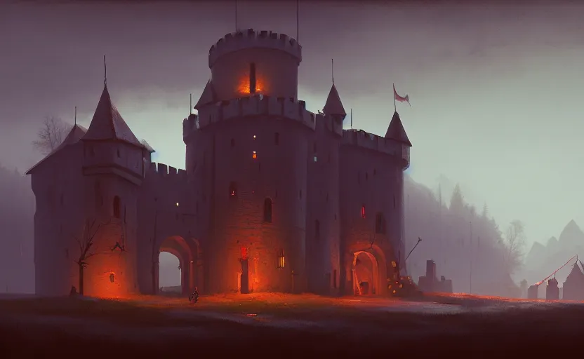 Image similar to an old medieval stronghold with moody and cinematic lighting by simon stalenhag, cinematic and atmospheric, concept art, artstation, trending on artstation