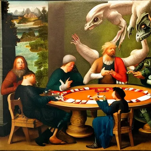 Prompt: velociraptors playing poker and drinking beer, in the style of a renaissance painting