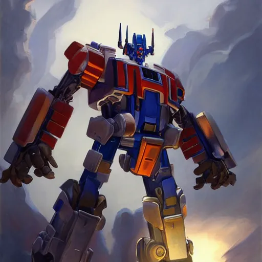 Image similar to greg manchess portrait painting of optimus prime the transformer as overwatch character, medium shot, asymmetrical, profile picture, organic painting, sunny day, matte painting, bold shapes, hard edges, street art, trending on artstation, by huang guangjian, gil elvgren, ruan jia, greg rutkowski, gaston bussiere