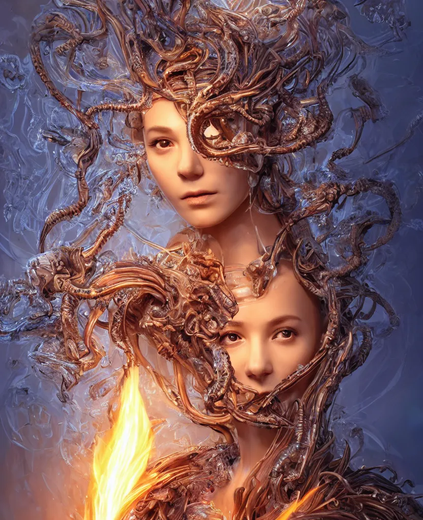 Image similar to close-up macro portrait of the face of a beautiful princess with animal skull mask, epic angle and pose, symmetrical artwork, 3d with depth of field, blurred background, cybernetic jellyfish female face skull phoenix bird, translucent, nautilus, energy flows of water and fire. a highly detailed epic cinematic concept art CG render. made in Maya, Blender and Photoshop, octane render, excellent composition, cinematic dystopian brutalist atmosphere, dynamic dramatic cinematic lighting, aesthetic, very inspirational, arthouse. y Greg Rutkowski, Ilya Kuvshinov, WLOP, Stanley Artgerm Lau, Ruan Jia and Fenghua Zhong