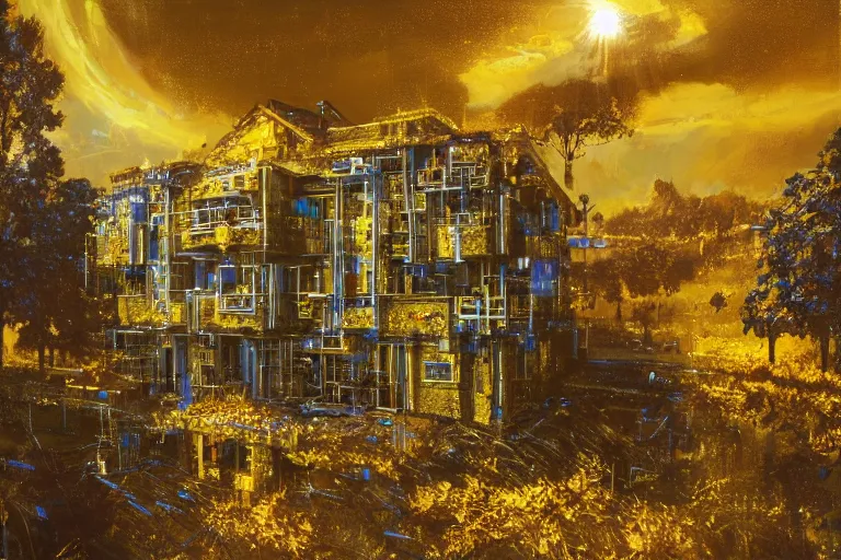 Prompt: cyberpunk, an estate agent listing external photo of a golden 5 bedroom detached house, made of gold, metal, golden, sparkling, in the countryside, sunny day, clear skies, by Paul Lehr