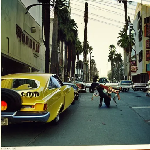 Prompt: a street in los angeles with to kissing hippy's in 1 9 7 0. 7 0's color