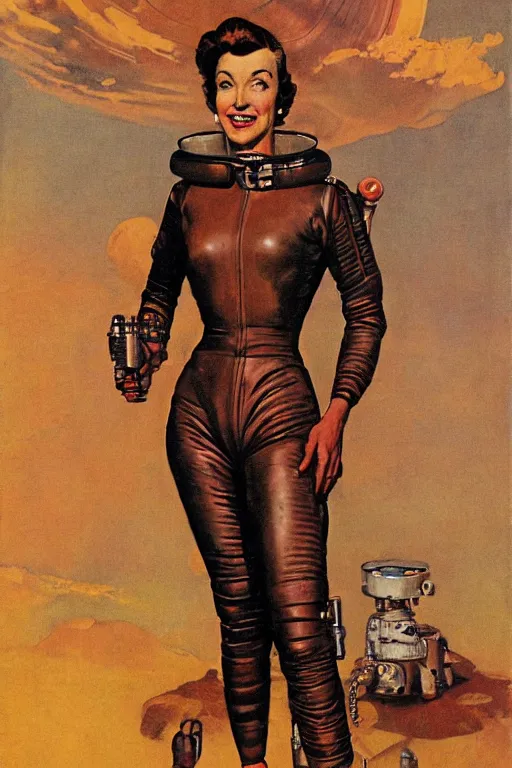 Image similar to 5 0 s pulp scifi fantasy illustration full body portrait slim mature woman in leather spacesuit on mars, by norman rockwell, roberto ferri, daniel gerhartz, edd cartier, jack kirby, howard v brown, ruan jia, tom lovell, frank r paul, jacob collins, dean cornwell, astounding stories, amazing, fantasy, other worlds
