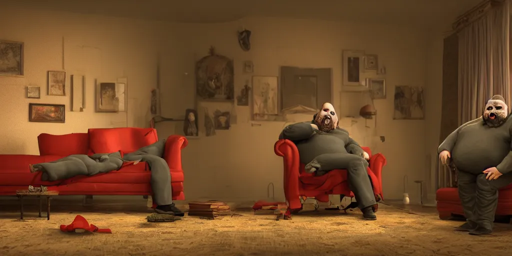 Prompt: a highly detailed photographic render of a fat scary man in a bloody living room, scary man watching tv, horror sci-fi, horror science fiction, biology, horror, cinematic, cinematic horror, cinematic lighting, cinematic scene, cinematic render, film, horror film, beautifully lit, ray traced, octane 3D render, octane render, unreal engine