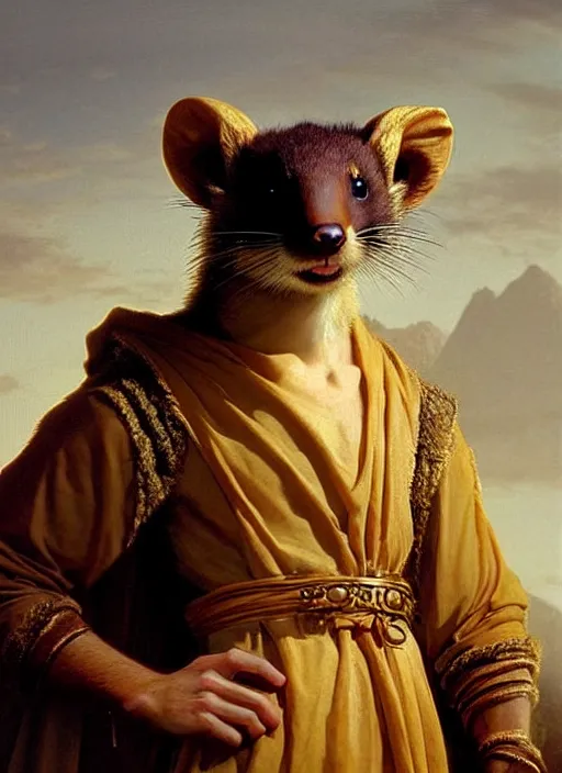 Prompt: a beautiful closeup shot from a fantasy film of a humanoid marten with golden eyes wearing a loose tunic. an anthropomorphic mustelid with gold eyes. portrait. joseph ducreux, greg rutkowski.