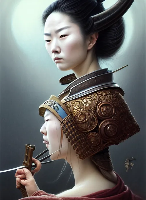 Image similar to portrait shot of a female samurai holding a sword next to her face, intricate, elegant, highly detailed, centered, digital painting, artstation, concept art, smooth, sharp focus, illustration, artgerm, tomasz alen kopera, peter mohrbacher, donato giancola, joseph christian leyendecker, wlop, boris vallejo