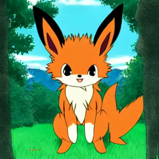 Prompt: Eevee, the fox-like evolution Pokemon, looking at you curiously from a grassy field 🖌️📺