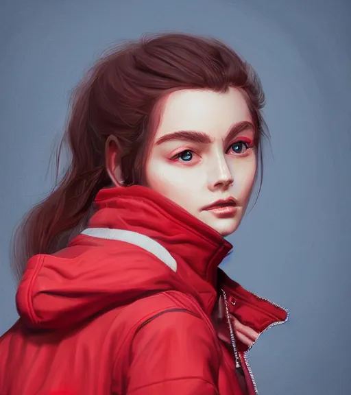 Image similar to a girl wearing a red jacket, highly detailed, digital painting, artstation, concept art, smooth, sharp focus, illustration