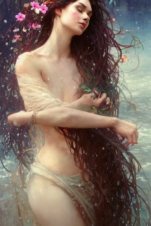 Image similar to portrait of a beautiful mysterious woman holding a bouquet of flowing flowers, wet dripping long hair, hands hidden from view, emerging from the water, fantasy, regal, intricate, by stanley artgerm lau, greg rutkowski, thomas kindkade, alphonse mucha, loish, norman rockwell