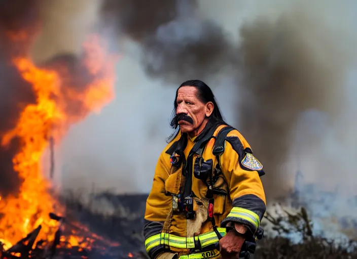 Prompt: photo of danny trejo as a firefighter putting out a big fire, 8 k, 8 5 mm f 5. 6