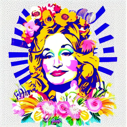 Prompt: flower child, Dolly Parton, graphic design, retro