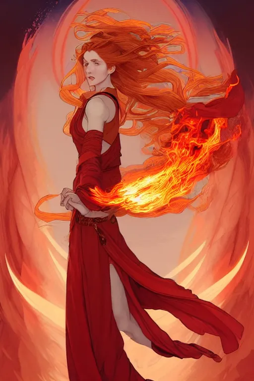 Image similar to a beautiful fire bender mage girl holding a fireball, ginger hair with freckles, wearing long flowing red robes inspired by alphonse mucha, standing on a mountain top with epic clouds and godlike lighting, intricate illustration and highly detailed digital painting. concept art by artgerm. inspired by brom art and larry elmore.