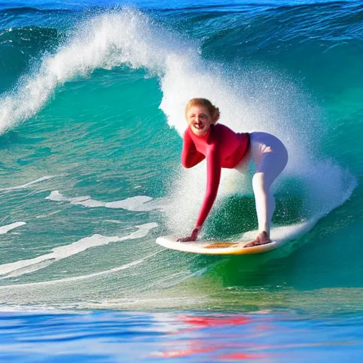 Image similar to queen elizabeth surfing in hawaii, smiling, having fun, golden hour, action photography