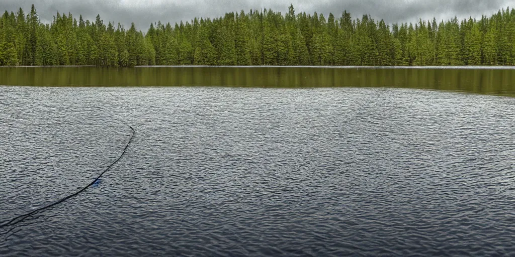 Image similar to centered photograph of a long rope zig zagging across the surface of the water, floating submerged rope stretching out towards the center of the lake, a dark lake on a cloudy day, color film, trees in the background, hyperedetailed photo, moody volumetric, anamorphic lens