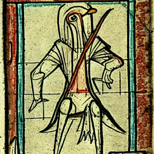 Image similar to medieval sketch of an exhausted anthropomorphic bird