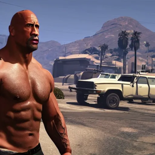 Prompt: dwayne johnson as a protagonist in gta 5