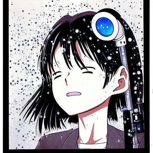 Prompt: anime drawing of a cyborg with long hair crying next to a crt tv with white noise playing, water particles floating in the air, finely detailed facial features, weathered drawing, film grain, bright neon lighting, painted art by satoshi kon, katsuhiro otomo