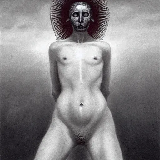 Image similar to the queen of the sun in the style of zdzisław beksiński and h.r. giger, oil on canvas, full body, open wide chest, intricately detailed artwork, full 8k high quality resolution, recently just found unknown masterpiece, renaissance painting, photorealism, 8k high detail, Sigma 85 mm f 1.4, Studio Light, Studio Ghibli, jacek yerka, alex gray, zdzisław beksiński, dariusz zawadzki, jeffrey smith and h.r. giger, oil on canvas, 8k highly professionally detailed, trending on artstation, her hair is thick and smooth, she is beautiful showing her true form, zdzisław beksiński and h.r. giger,zdzisław beksiński and h.r. giger,zdzisław beksiński and h.r. giger,zdzisław beksiński and h.r. giger, jeffrey smith, jeffrey smith, jeffrey smith, jeffrey smith, jeffrey smith, jeffrey smith, jeffrey smith, jeffrey smith, jeffrey smith, jeffrey smith