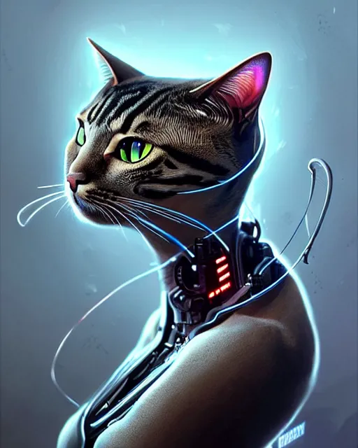 Image similar to A cyborg cat, highly detailed, intricate robotic and electronic patterns, sharp focus, art by Artgerm and Greg Rutkowski and WLOP