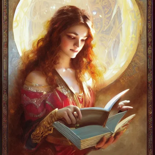 Image similar to stunning female master wizard having magical book, highly detailed painting by gaston bussiere, craig mullins, j. c. leyendecker, 8 k