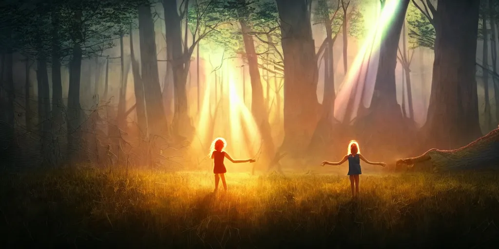 Image similar to sci - fi scene future new york, little girl holding a hand of a big robot, forest punk, crepuscular rays, epic scene, hyper realistic, photo realistic, overgrowth, cinematic atmosphere, ethereal lighting,