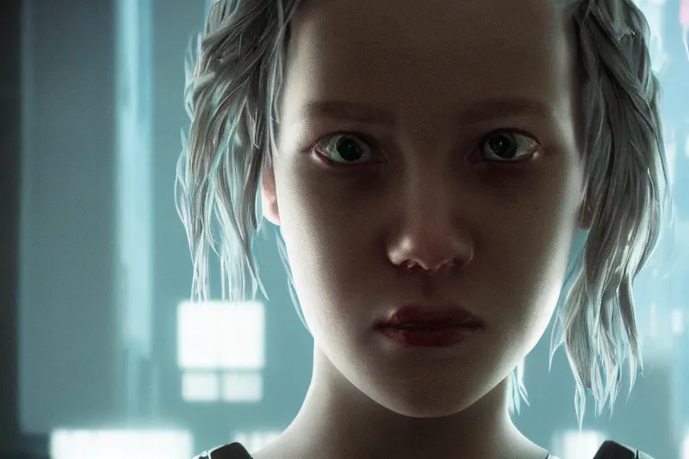 Image similar to cinematography closeup portrait of a cyborg girl in a cyberpunk apartment by Neil blomkamp