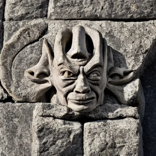 Image similar to dwayne the rock johnson as a grotesque medieval gargoyle, detailed stone texture 4 k photo