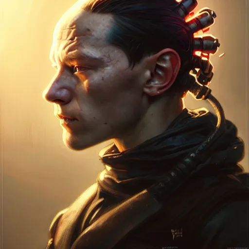 Image similar to portrait painting of a cyberpunk dwarf ninja who looks like tom holland, ultra realistic, concept art, intricate details, eerie, highly detailed, photorealistic, octane render, 8 k, unreal engine. art by artgerm and greg rutkowski and charlie bowater and magali villeneuve and alphonse mucha