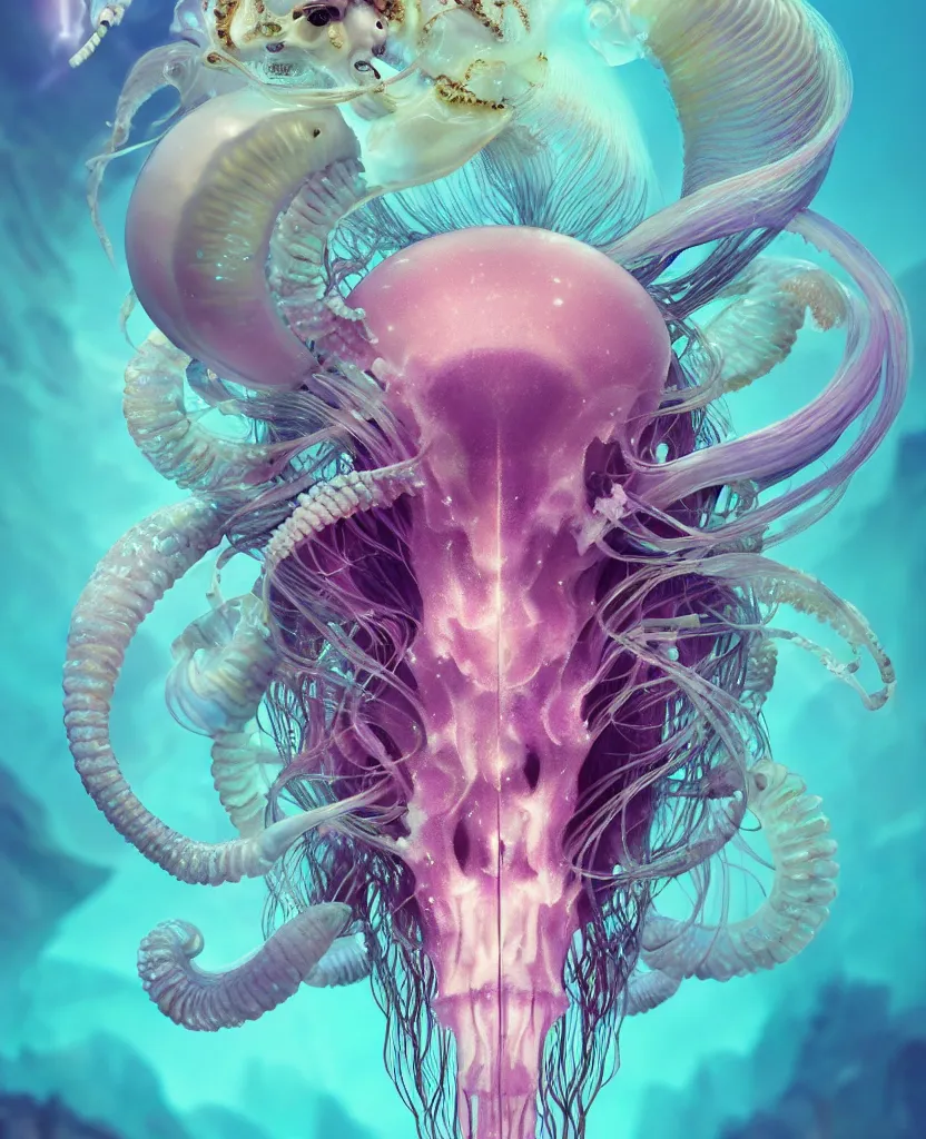 Image similar to goddess princess beautiful face close-up portrait ram skull. jellyfish phoenix head, nautilus, orchid, skull, betta fish, bioluminiscent creatures, intricate artwork by Tooth Wu and wlop and beeple. octane render, trending on artstation, greg rutkowski very coherent symmetrical artwork. cinematic, hyper realism, high detail, octane render, 8k