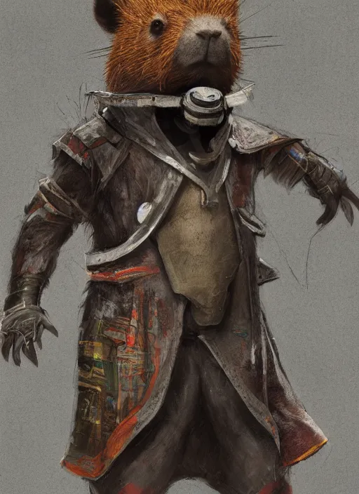 Prompt: detailed full body concept art illustration, dark soft focus, plague style oil painting on canvas of an anthropomorphic capybara doctor in full intricate clothing, biomutant, dystopian, micro detail, octane render, 4K