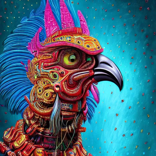 Prompt: an extremely psychedelic portrait of a robotic rooster wearing a hoodie, surreal, LSD, face, detailed, intricate, elegant, lithe, highly detailed, digital painting, artstation, concept art, smooth, sharp focus, illustration, art by Jason Edmiston