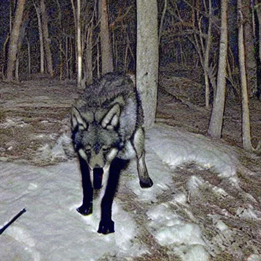 Image similar to trailcam footage of humongous wolf at night