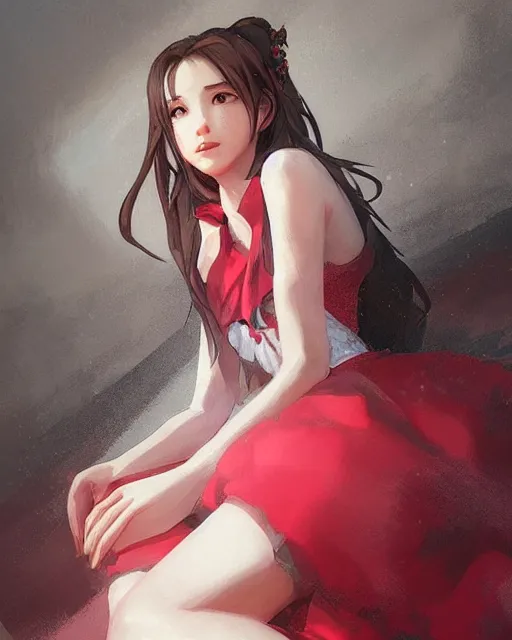 Image similar to aerith gainsborough in red cottagecore dress, portrait, illustration, rim light, top light, perfectly shaded, soft painting, art by krenz cushart and wenjun lin