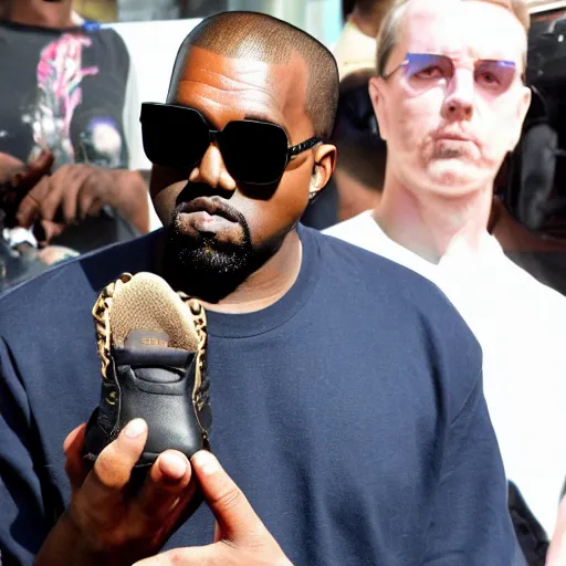 Image similar to kanye west holding a strange shoe and showing it to people