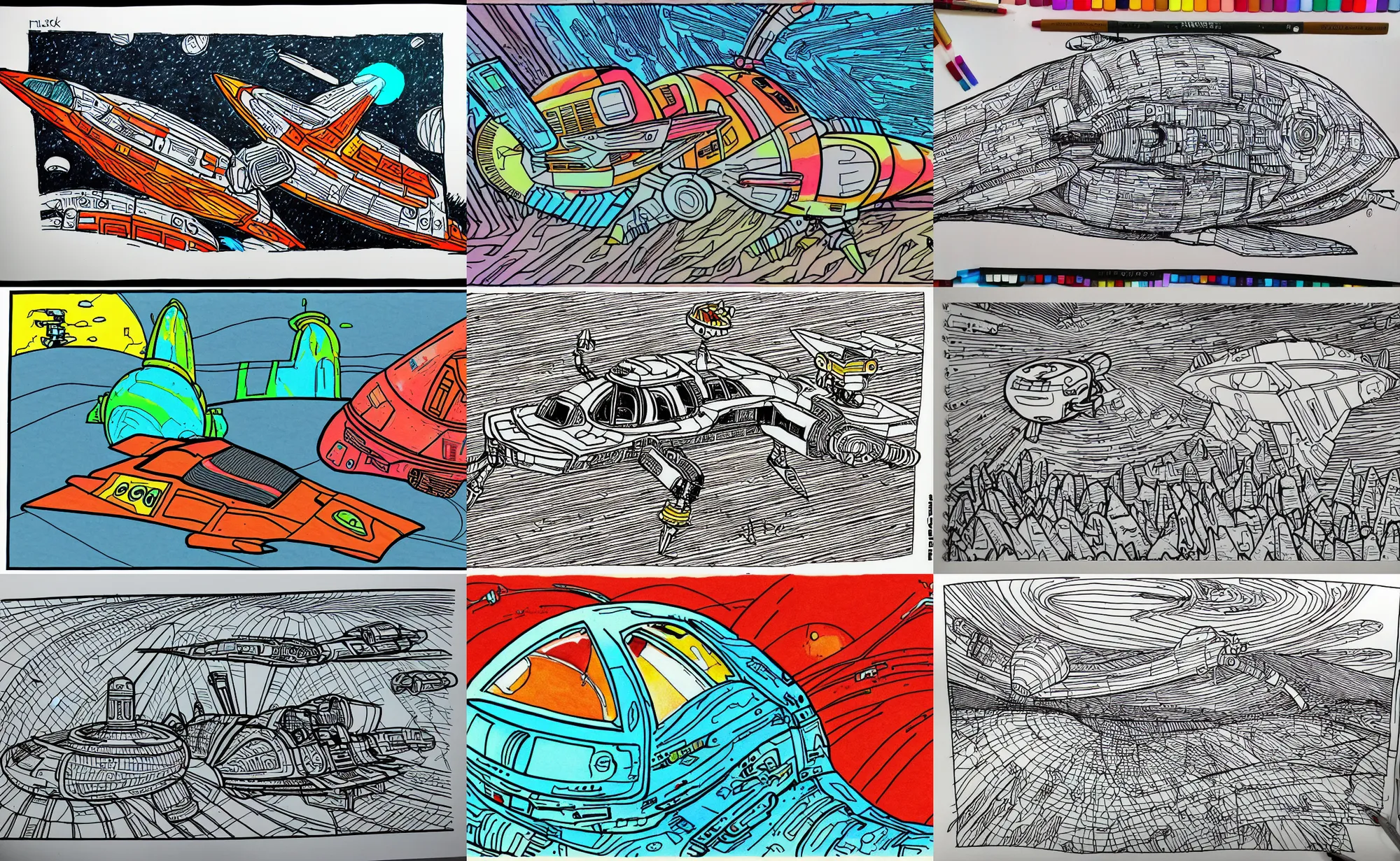 Prompt: color marker drawing with thick lines, retro spaceship crash landed on an alien landscape