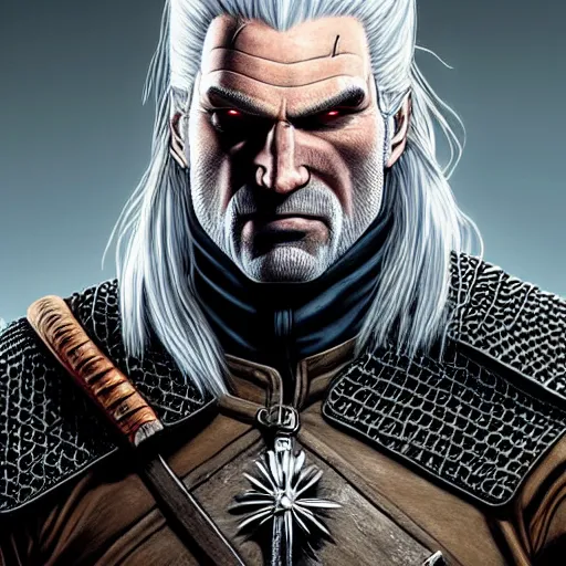 Image similar to ultra realistic portrait painting of geralt of rivia, art by akira toriyama, 4 k, dragon ball artstyle, cel shaded, highly detailed, epic lighting