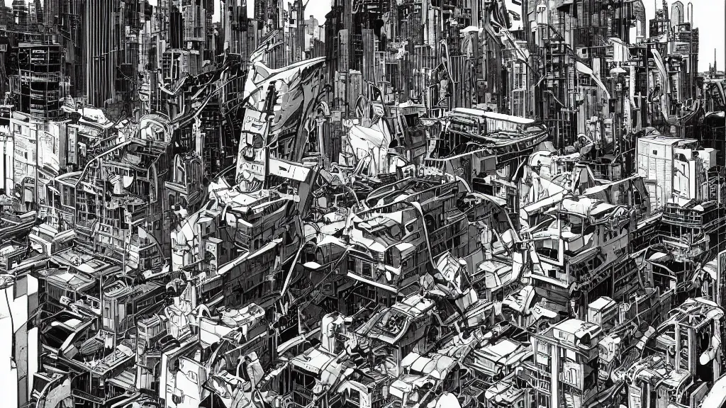 Prompt: very simple, prophet graphic novel, ilya kuvshinov, mcbess, rutkowski, simon roy, roset, kuvshinov, illustration of decrepit cyberpunk arcologies in dystopian megalopolis ruins with spaceship debris floating in space, wide shot, high contrast colors, very anime!!! anime!! intricate details, deep shadows, astrophotography