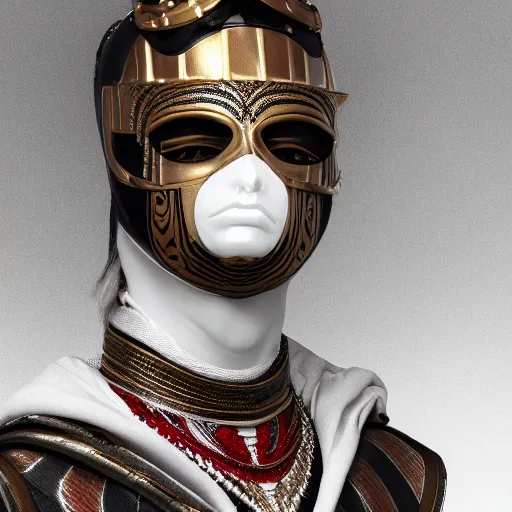 Image similar to portrait of masked dune dynasty with gucci clothes, white background, 8 k, symmetrical, 3 d render, octane render, insane details