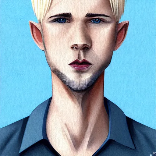 Prompt: thin blond man with blond hair long on top medium down the sides, blond beard, small chin, small nose, thin lips, English heritage, small blue eyes, small ears, pale skin, narrow face, digital art, painterly, cartoon, cute, 8k, illustration, art by loish, painterly, trending on artstation, medium shot, uncropped