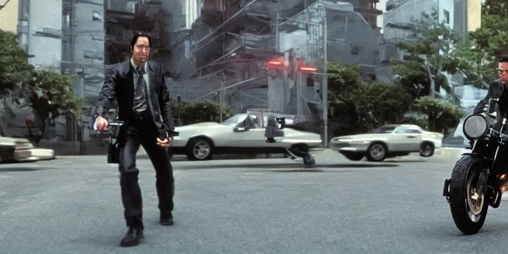 Image similar to beautiful hyperrealism three point perspective film still of Keanu Reeves as neo aiming two uzi at agent smith in a nice oceanfront promenade motorcycle chase scene in Matrix meets tintin(1990) extreme closeup portrait in style of 1990s frontiers in translucent porclein miniature street photography seinen manga fashion edition,, tilt shift style scene background, soft lighting, Kodak Portra 400, cinematic style, telephoto by Emmanuel Lubezki