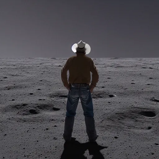 Image similar to cowboy standing on the moon looking up at earth, octane render, blender render, unreal engine, 3 5 mm