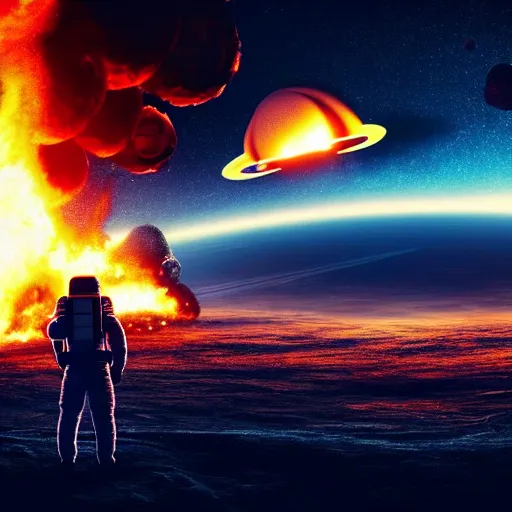 Image similar to astronaut stranded on planet, destroyed ship that is crash landing, exploding planet in background, fire, white smoke, impending fear, 4 k, dystopian, lonely, isolated space station in space, sci - fi, crash landing, asteroids.