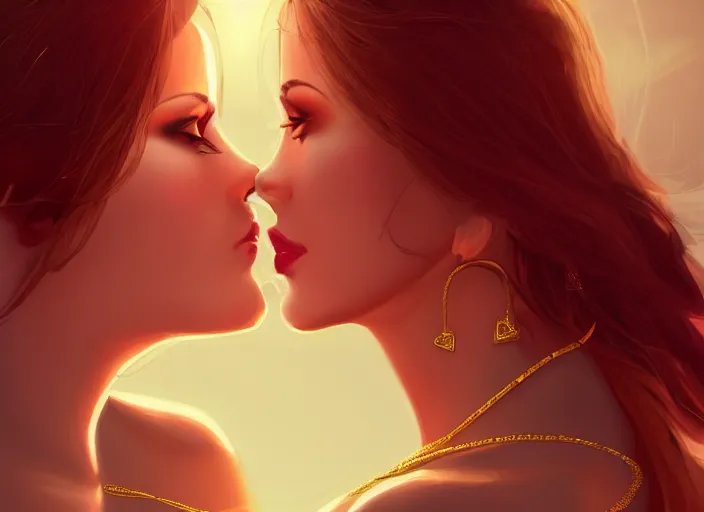 Prompt: woman love woman, sweet hugs, gold trim, atmoshperic, elegant, sharp focus, sand sea, red sun, huge lips, by n i x e u. artstation, intricate details