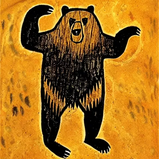 Image similar to shaman in a bear mask, paleolithic cave painting