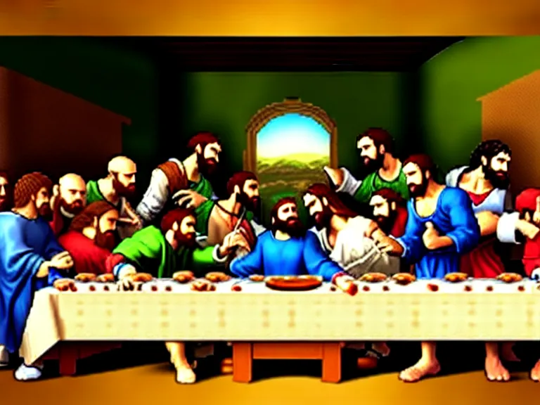 Image similar to smash bros renaissance painting of the last supper with nintendo consoles and game boxes piled everywhere