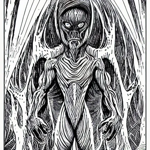 Image similar to clean simple line art of a terrifying monster from folklore. no background. well composed, clean coloring book page, beautiful detailed art. coloring book line art by steve ditko and jack kirby and greg rutkowski