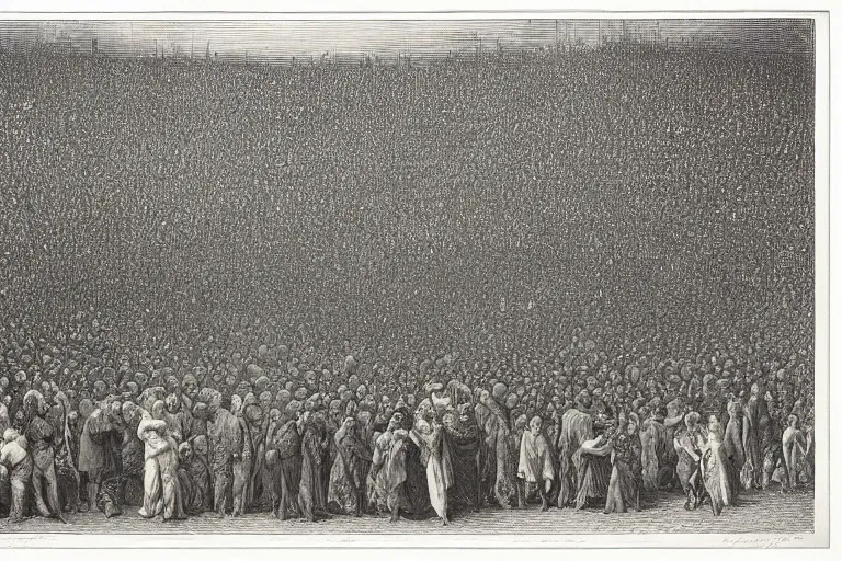 Image similar to aerial view, crowd of people looking up, Gustave Dore lithography