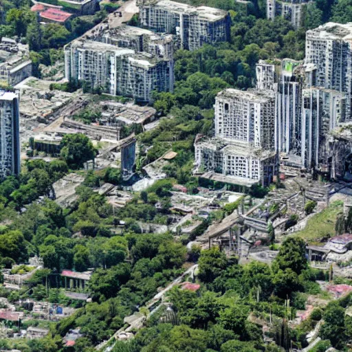 Prompt: helicopter view of nonexistant city with decrepit highrises overgrown with plants