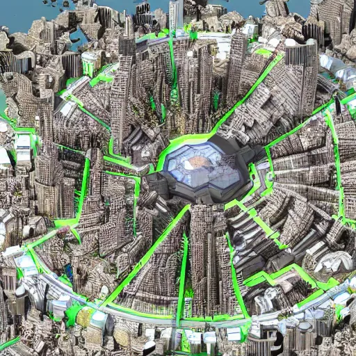 Image similar to mountain size arcology hive city, crowded with people, satellite view, zoom out